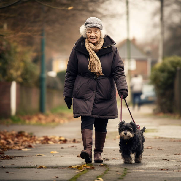 older lady walking dog